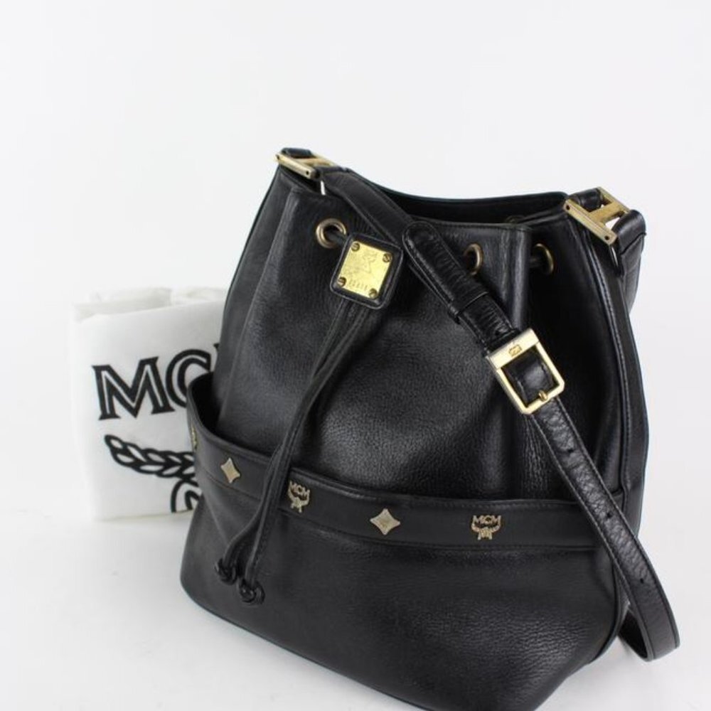 MCM Black Leather Drawstring Bucket Hobo 8mcm1228 - Picture 2 of 12